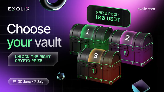 A promotional graphic for Exolix's crypto giveaway featuring three numbered vaults (1, 2, and 3) with the text "Choose your vault," "Prize Pool: 100 USDT," "Unlock the right crypto prize," and the campaign dates "30 June - 7 July," matching the post's instructions to comment 1, 2, or 3 for a chance to win from the 100 USDT prize pool.