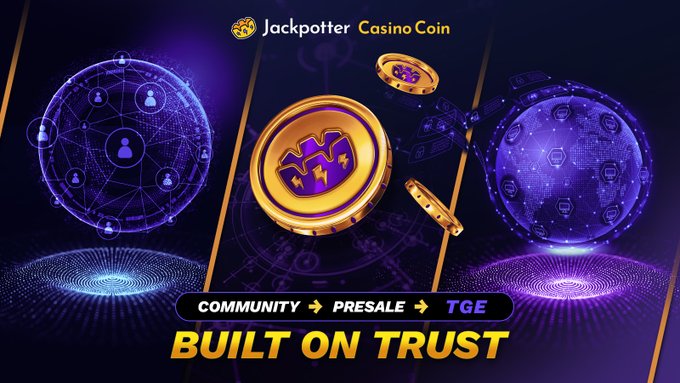 A promotional graphic for 'Jackpotter Casino Coin' showing a gold coin with a crown and lightning bolt logo, with text reading 'COMMUNITY → PRESALE → TGE' and 'BUILT ON TRUST' over a purple background with network sphere graphics.