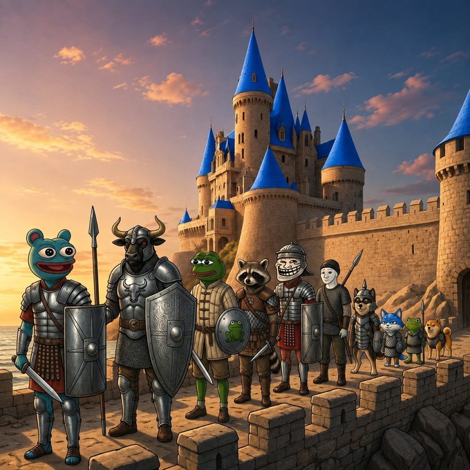 A lineup of cartoon warriors in medieval armor—including a frog, bull, Pepe frog, raccoon, and dog—stand ready for battle in front of a blue-roofed castle at sunset, fitting the post's playful "pick your fighter" theme for beating the bears in a market or meme war.