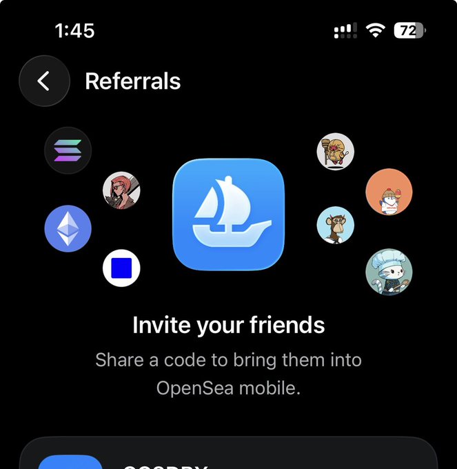 A mobile screenshot of the OpenSea app showing a 'Referrals' page with the OpenSea sailboat logo and the text 'Invite your friends - Share a code to bring them into OpenSea mobile.'