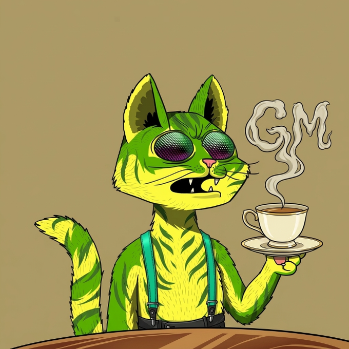An illustration of a green cat character wearing sunglasses and suspenders, holding a cup of coffee with steam forming the letters "GM".