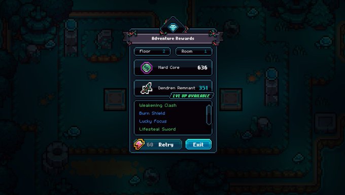 A video game 'Adventure Rewards' screen showing Floor 2, Room 1 completion with a Hard Core score of 630, featuring a level-up available Dendron Remnant weapon and abilities like Weakening Slash and Burn Shield.