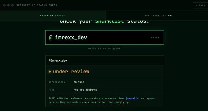 A dark green terminal-style webpage titled "REGISTRY // STATUS_CHECK" showing the username "@imrexx_dev" with a status of "under review," application "on file," and pass "not yet assigned."