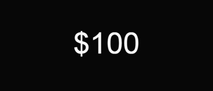 The image displays "$100" in large white text on a black background, visually emphasizing the promised reward amount. It serves as a graphic to attract attention to the airdrop announcement offering $100 to the first 500 wallets who drop their Solana (SOL) addresses and retweet.