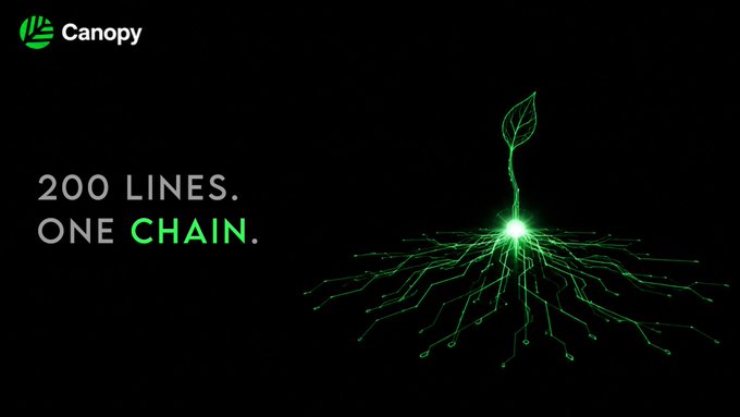 A dark green promotional image for 'Canopy' featuring a glowing green plant sprout growing into circuit-like roots, with the tagline '200 LINES. ONE CHAIN.'