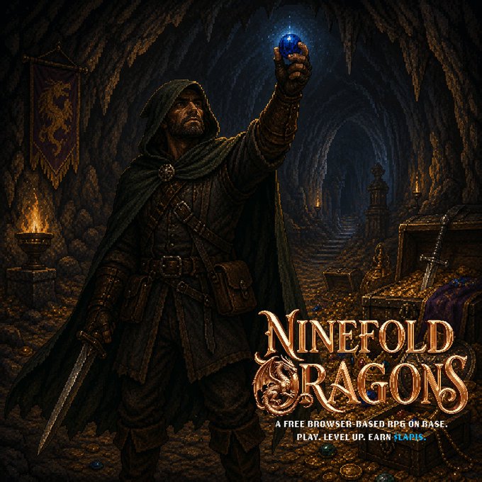 Promotional artwork for 'Ninefold Dragons', described as 'A Free Browser-Based RPG on Base. Play. Level Up. Earn $FADS.', featuring a hooded warrior holding a glowing blue orb in a treasure-filled cave.