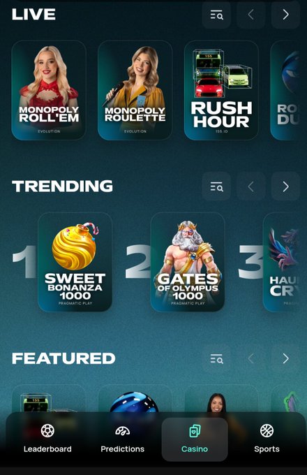 The image shows a mobile casino app interface with "LIVE" games like Monopoly Roll'Em and Monopoly Roulette, plus "TRENDING" titles such as Sweet Bonanza 1000 and Gates of Olympus 1000, with a "FEATURED" section below. It relates to the post by illustrating the casino wagering activity mentioned, as Daily Drip rewards players who wager $20 daily to earn $MNTD tokens.