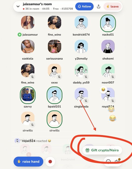 A screenshot of a live audio chat room interface titled 'julesamour's room' with 36 participants, featuring a red hand-drawn circle and rectangle around a 'Gift crypto/Naira' button.