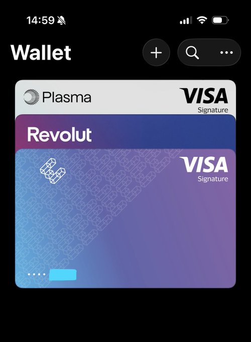 The image shows a smartphone wallet app displaying a Plasma Visa Signature card alongside a Revolut card, with the time 14:59 visible at the top. The card features a blue-to-purple gradient design with "Plasma" branding on the back and "VISA Signature" on the front. This visually supports the post about acquiring a new Plasma crypto card and comparing it favorably to the user's existing ether.fi card experience.