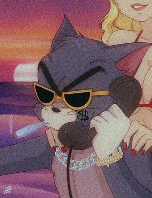 An illustration of Tom from Tom and Jerry wearing yellow-rimmed sunglasses, holding a microphone with a dollar sign, and wearing diamond-studded chains, with a blonde woman behind him.