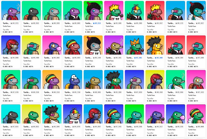 The image displays a grid of 40 colorful NFT-style turtle avatars with varying prices in ETH, linked to the "TurtleFees" collection on OpenSea. It relates to the post as visual proof of multiple purchased TurtleFees NFTs, each tagged "Top offer 0.0025 METIS" alongside individual prices ranging from roughly #4 to #7 ETH.