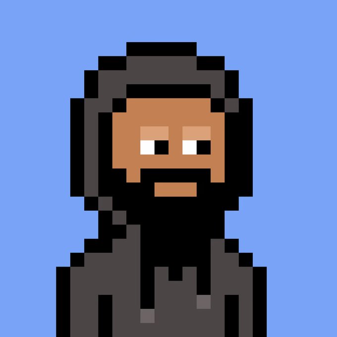 A pixel art portrait of a man wearing a dark hoodie against a blue background, resembling a crypto/tech persona (possibly CZ).
