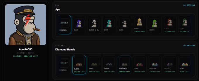 A Bored Ape NFT profile page showing 'Ape #4385' with options to select different fur colors and clothing items like the 'Diamond Hands' accessory.