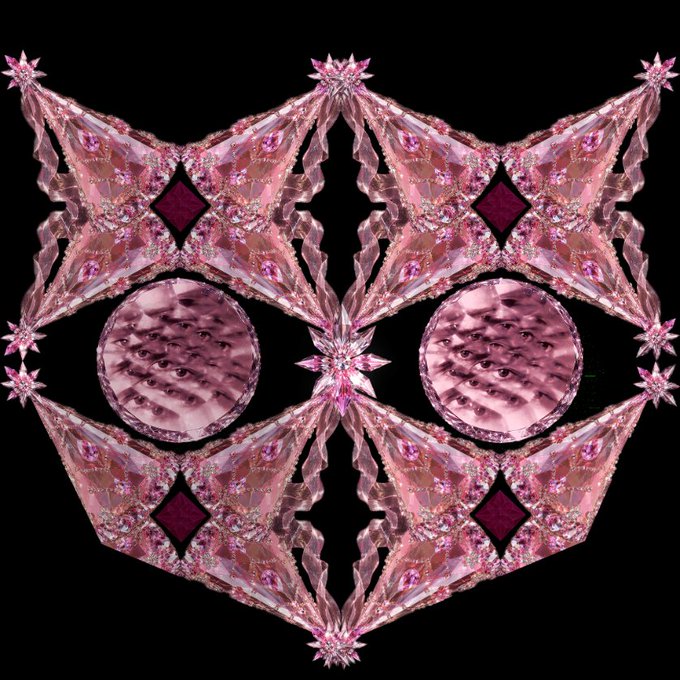 A symmetrical kaleidoscopic digital artwork featuring pink gemstones, crystals, and ornate patterns arranged against a black background.