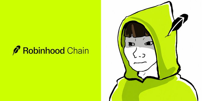 A split image with 'Robinhood Chain' logo on a green background on the left, and an illustrated character in a green hood with a feather and stern expression on the right.