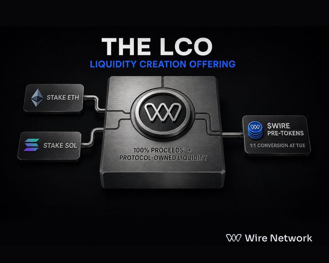 An infographic titled 'THE LCO - LIQUIDITY CREATION OFFERING' by Wire Network, showing a flow diagram where users 'STAKE ETH' or 'STAKE SOL' to '100% PROCEEDS → PROTOCOL-OWNED LIQUIDITY' and receive '$WIRE PRE-TOKENS' with '1:1 CONVERSION AT TGE'.