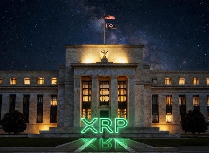 A grand marble government building glows under a starry night sky with the American flag flying atop, while a bright green neon "XRP" sign illuminates the entrance steps. The image visually ties the XRP cryptocurrency to the U.S. legislative process, symbolizing its potential regulatory breakthrough as the CLARITY Act moves to a full Senate vote.