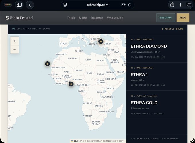 A screenshot of the Ethra Protocol website (ethraship.com) showing a map of Africa with vessel positions labeled ETHRA DIAMOND, ETHRA 1, and ETHRA GOLD.