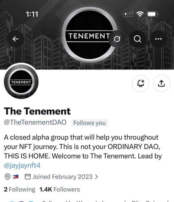 A Twitter/X profile page for 'The Tenement' (@TheTenementDAO) describing itself as 'A closed alpha group' for an NFT journey, with 1.4K followers.