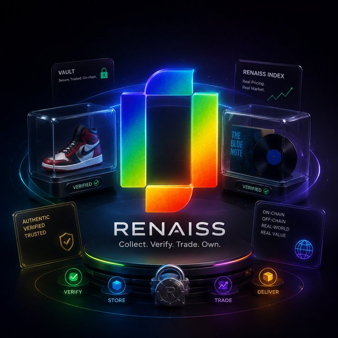 Promotional graphic for 'RENAISS' with the tagline 'Collect. Verify. Trade. Own.', showcasing verified items like sneakers and a vinyl record ('The Blue Note') alongside icons for Vault, Index, and on-chain trading.