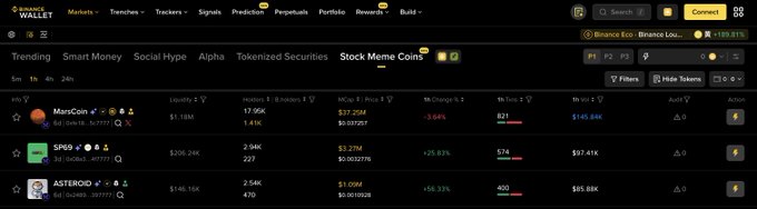 A screenshot of the Binance Wallet interface displaying the 'Stock Meme Coins' market category, showing trending tokens including MarsCoin ($1.18M market cap), SP6900 ($208.24K), and ASTEROID ($146.16K) with their liquidity and price change data.