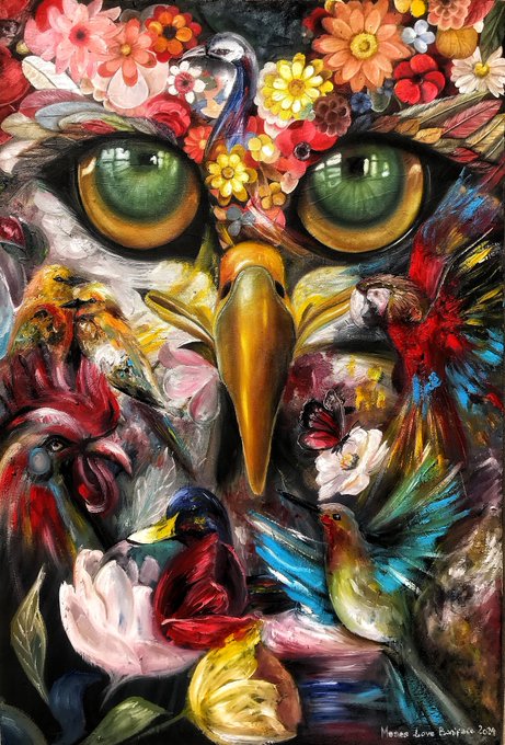 A vibrant surreal painting by Marcea Lov Boniface (2019) depicting a large owl face composed of colorful flowers, birds, and butterflies.