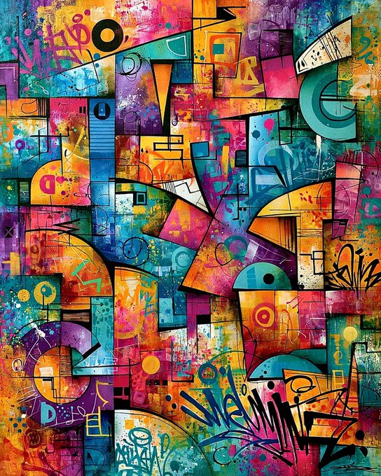 A vibrant, abstract graffiti-style artwork featuring bold geometric shapes, bright colors, and stylized lettering in a chaotic urban art composition.