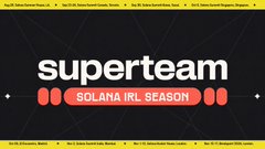 A logo graphic reading 'superteam SOLANA IRL SEASON' in white and orange text on a dark patterned background.