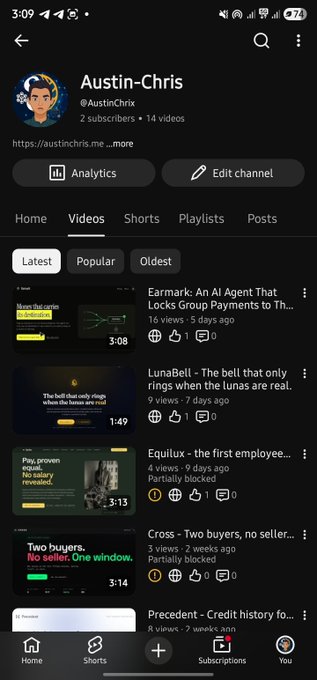 Screenshot of a YouTube channel page for 'Austin-Chris' (@AustinChriz) with 2 subscribers and 14 videos, showing tabs for Analytics and Edit channel, and a video list including titles like 'Earmark: An AI Agent That Locks Group Payments to Th...' and 'LunaBell' sorted by Latest.