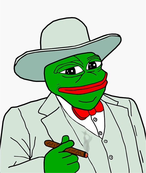 A digital illustration of the "Smug Pepe" meme—a green anthropomorphic frog character wearing a light gray wide-brimmed hat, white shirt, and red bow tie, smirking smugly while holding a lit cigar.