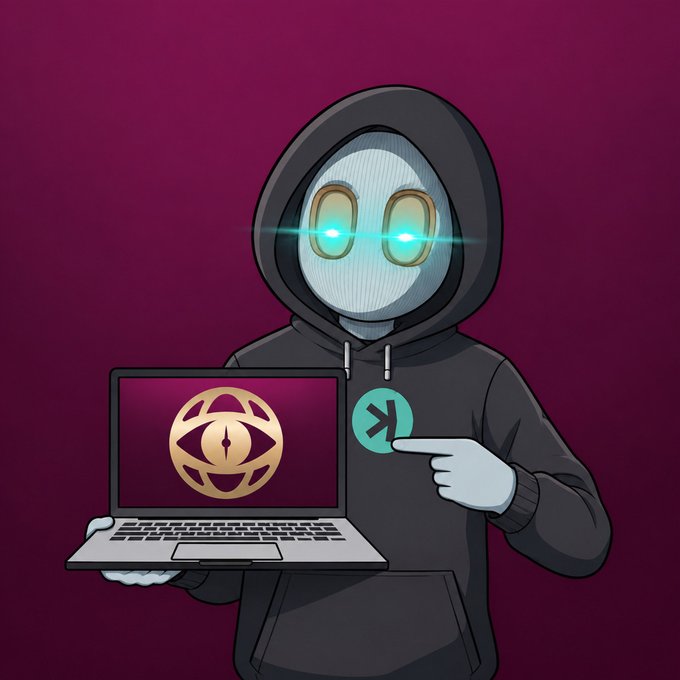 A hooded cartoon figure with glowing eyes holds a laptop displaying a gold "RugWatch" eye logo and points to a teal "W" token icon on its hoodie, seemingly illustrating a crypto token promotion tied to the "watchdotfun" project mentioned in the post.