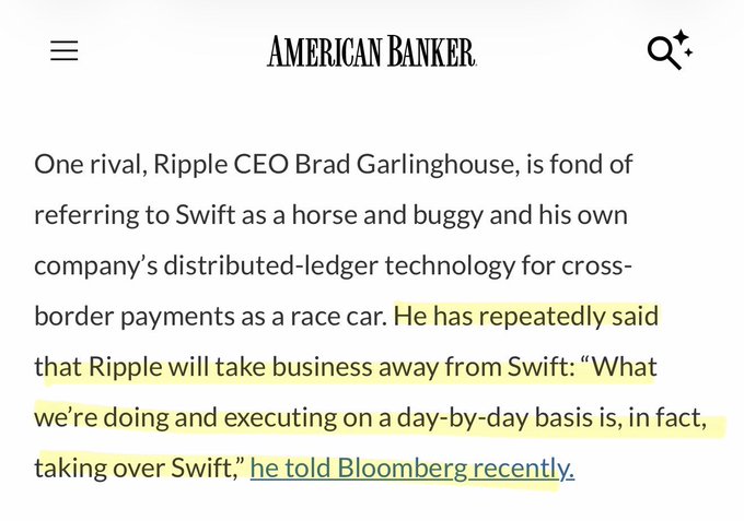 An American Banker article excerpt about Ripple CEO Brad Garlinghouse, with highlighted text about Ripple taking over Swift's cross-border payments business.