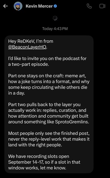 A direct message from Kevin Mercer on Twitter inviting ReDKeV to a two-part podcast for @BeaconLayerHQ, with recording slots open September 14-17.