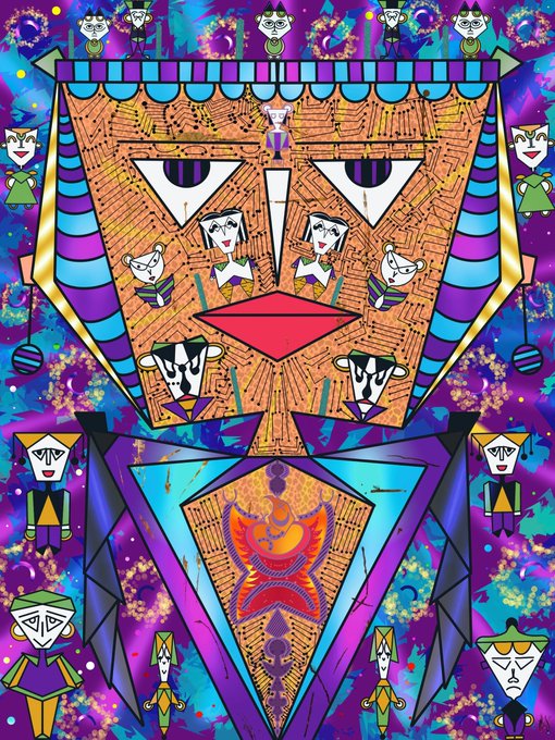 A vibrant, surreal artwork featuring a large stylized face with triangular eyes and red lips, composed of wooden textures and surrounded by smaller cartoon figures against a colorful, cosmic background.