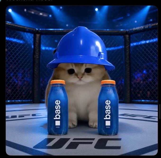 A determined kitten wearing a blue hard hat sits inside an MMA octagon between two blue "base" branded bottles, with "UFC" visible on the mat. The image visually reinforces the post's message by portraying $BASECAT as a resilient fighter ready for future success after overcoming challenges.