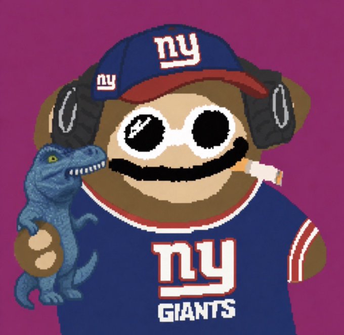 A cartoon figure wearing a New York Giants cap and jersey, sporting sunglasses, headphones, a mustache, and a cigarette, holds a small blue T-Rex dinosaur on a purple background. The "NY GIANTS" text and meme-style imagery tie into the post's playful sentiment about enjoying fun memes in crypto beyond the tether thesis.