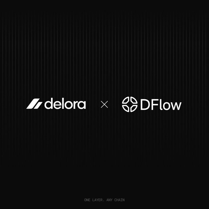 The image features two logos, one for Delora and the other for DFlow, placed side by side against a black background with white stripes. The Delora logo is positioned above the DFlow logo, both of which are in white. Below these logos, there's text that reads "One layer, any chain". This phrase suggests that the two companies might be collaborating or working together on some project or initiative.