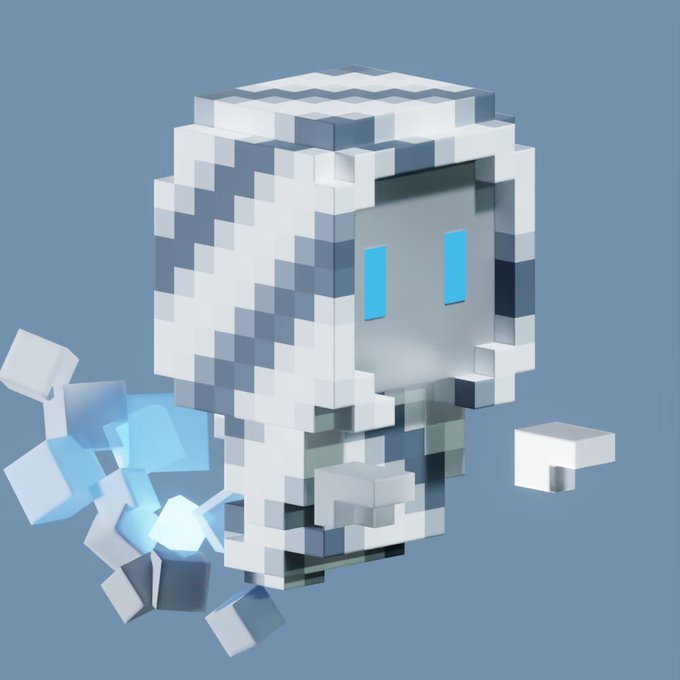 A 3D pixel-art character with a white and grey blocky body and glowing blue eyes appears to be breaking apart or emerging from blue cubes on a solid blue background.