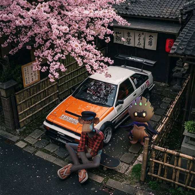 An edited photo showing a person sitting on a skateboard next to a Toyota Trueno AE86 car with cherry blossoms, featuring a cartoon monkey character with a conductor hat and a Totoro-like creature.
