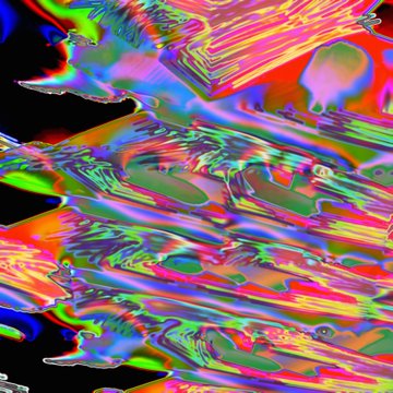An abstract digital glitch art piece with swirling, distorted patterns in vibrant rainbow colors against a black background.