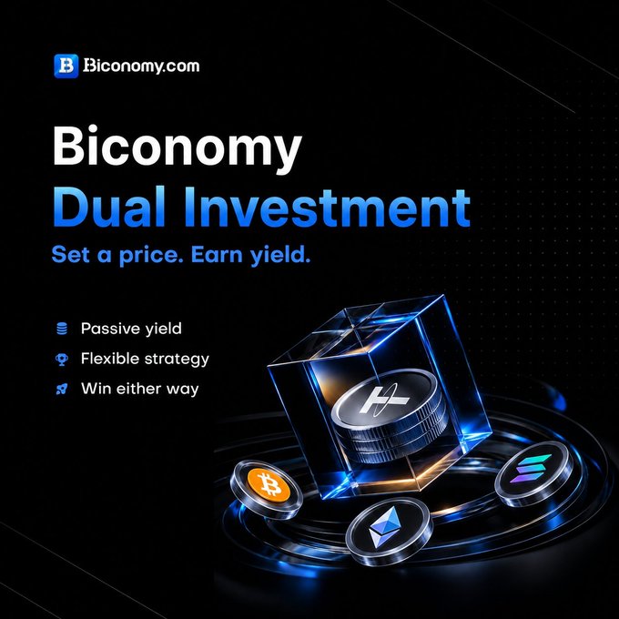 A promotional graphic for Biconomy's Dual Investment product, featuring the text "Biconomy Dual Investment — Set a price. Earn yield." alongside the key benefits "Passive yield, Flexible strategy, Win either way." The image displays a glowing cube containing an HT token surrounded by Bitcoin, Ethereum, and Solana coin icons, visually reinforcing the post's message about putting idle crypto like USDT to work for yield.