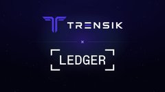 The image displays a partnership announcement graphic featuring the logos of "TRENSIK" and "LEDGER," indicating a collaboration between the two companies. The accompanying post about Ledger hardware wallets supporting Real World Assets (RWAs) on the XRP Ledger aligns with this partnership, suggesting Trensik's involvement in enabling secure RWA tokenization and storage.