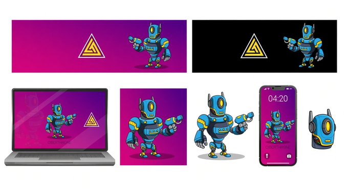 A brand identity kit displaying a blue robot mascot alongside a yellow triangle logo, presented on web banners, laptop, and smartphone mockups on magenta and white backgrounds.