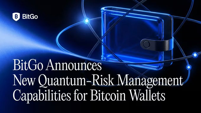 The image is a promotional banner featuring the BitGo logo and a glowing blue digital wallet on a dark background, with the headline "BitGo Announces New Quantum-Risk Management Capabilities for Bitcoin Wallets." It visually reinforces the post's message about quantum computing risks to Bitcoin's public key exposure, highlighting BitGo's proactive security architecture.