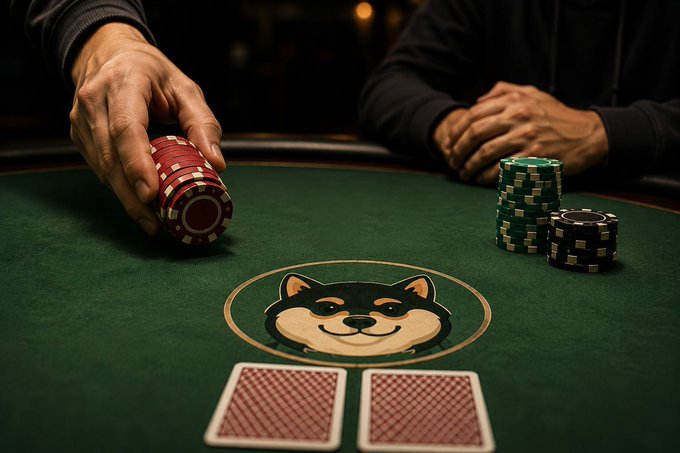 Poker scene featuring hands holding red poker chips with a Dogecoin logo in the center of a green felt table, alongside two face-down cards and stacks of green and red chips.