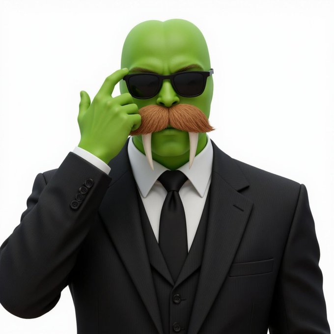 A 3D rendered character with green skin, a walrus mustache, long tusks, black sunglasses, and a black suit with a tie, adjusting his glasses with one finger.