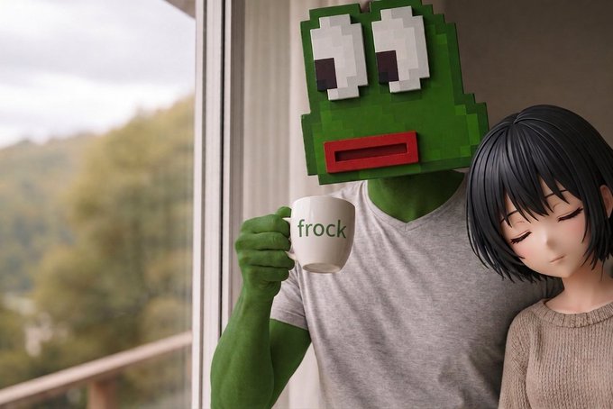 A photo composite showing a person in a gray "frock" t-shirt wearing a large pixel-art green mask with big eyes and a red mouth, standing next to a woman with black hair who has her eyes closed, near a window.