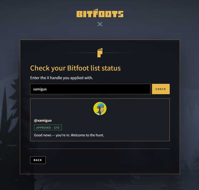 A Bitfoots website screenshot displaying 'APPROVED - GTD' status for the X handle @xamiguo, with the message 'Good news — you're in. Welcome to the hunt.'