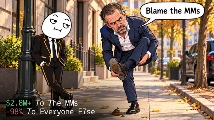 A satirical illustration shows a man stepping over feces on a city sidewalk, muttering "Blame the MMs," while a cartoon figure in a suit stands beside a lamppost. Text overlays read "$2.8M+ To The MMs, -98% To Everyone Else," visually mocking the post's claim that the LAPTOP token's crash benefited market makers who received $500k for liquidity while retail investors lost nearly everything.