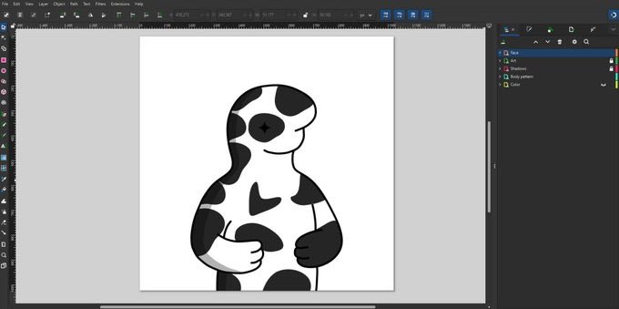 The image shows a black and white minimalist illustration of a cow-like character with black spots within an image editing software interface, which appears to be a PFP (profile picture) NFT design. This relates to the bullish sentiment about the NFT collection, showcasing the clean, minimalist art style mentioned in the post with the 5,555 PFP collection on ETH.